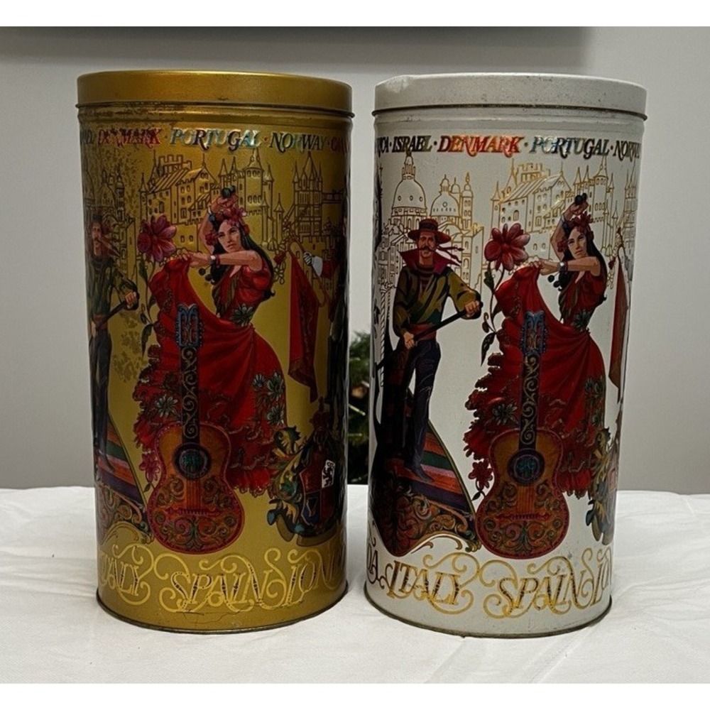 Vtg World Travel Tin Canister Set Kitchen Embossed Retro USA MCM Boho Europe